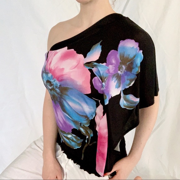 Bebe black asymmetrical one shoulder blue purple pink floral fairy Y2K romantic - Picture 2 of 4